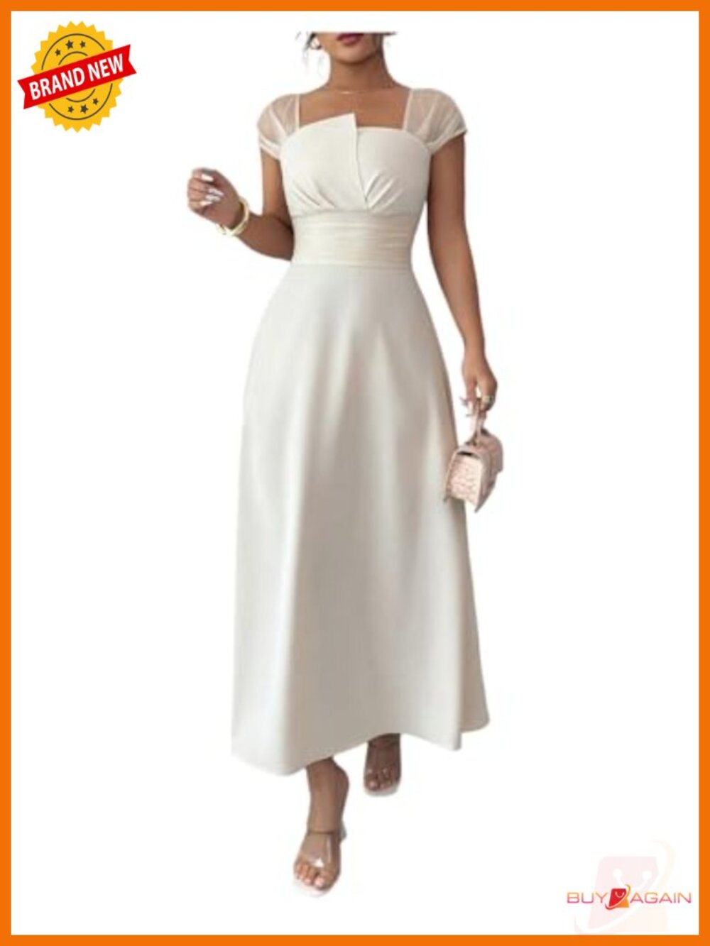 Elegant Square Neck Long Formal Dress Ruched Short Sleeve Mesh